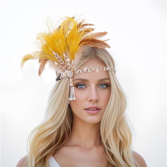 Flapper Feather Headband Roaring 20s Yellow - Picture 1 of 7